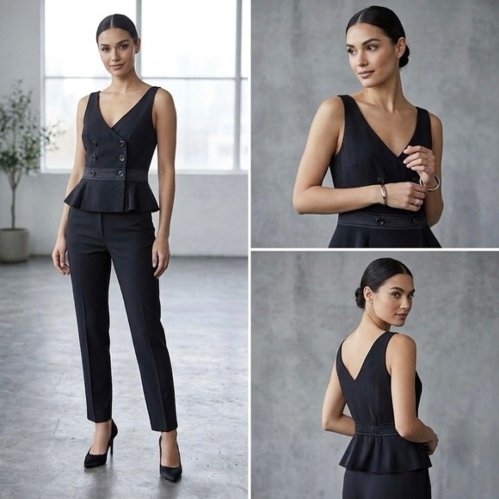 Free People Black Double Breasted Peplum Top Sleeveless V-Neck Vest Small